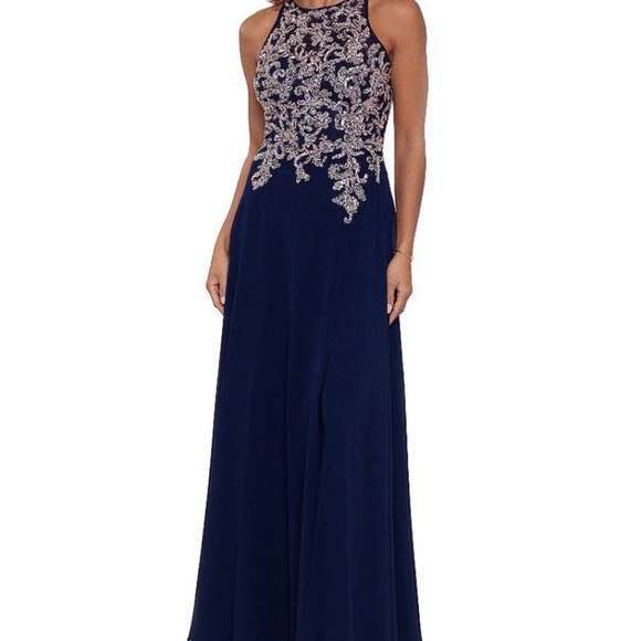 Beaded Embroidery Chiffon Halter Neck Keyhole Back Detail Sleeveless Gown - Picture 1 of 3